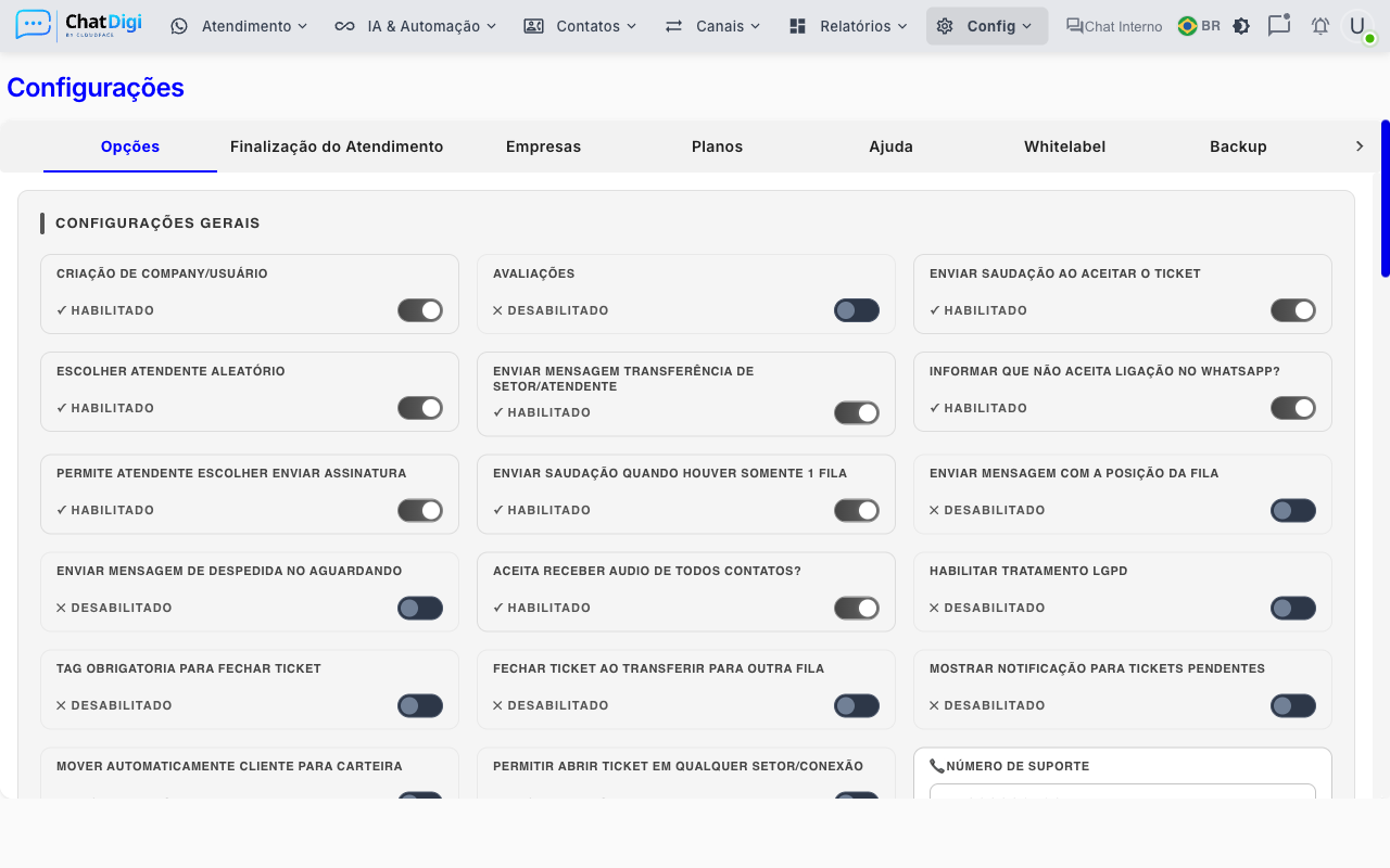 Tela principal de Configurações