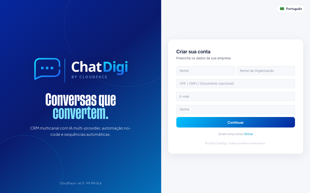 Tela de cadastro do ChatDigi