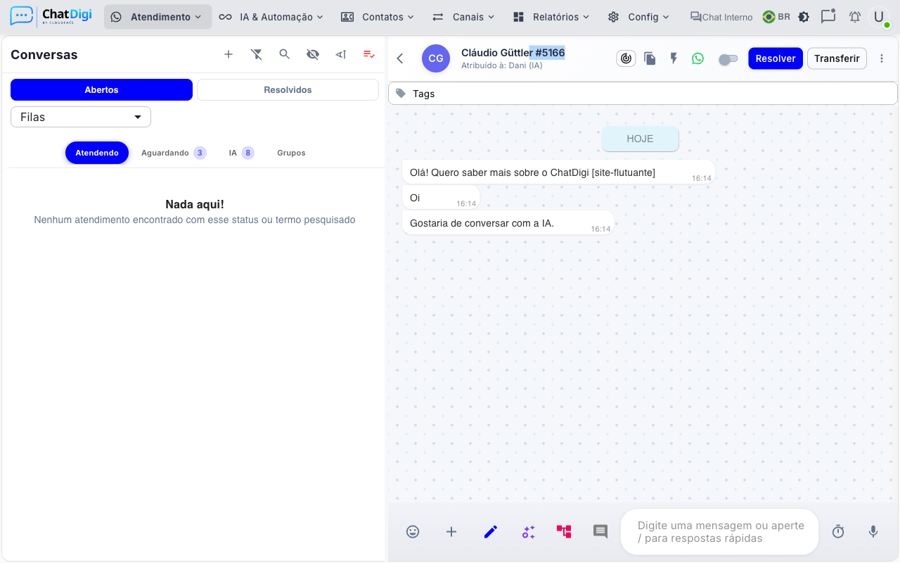 Visão geral da interface do ChatDigi
